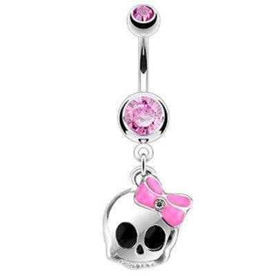 Surgical Steel Cute Skull Pink Bow Belly Button Navel Ring Dangle - Pierced Universe