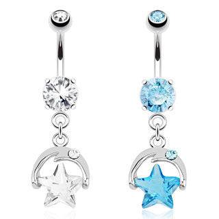 Surgical Steel CZ Crescent Moon and Star Belly Button Navel Ring - Pierced Universe