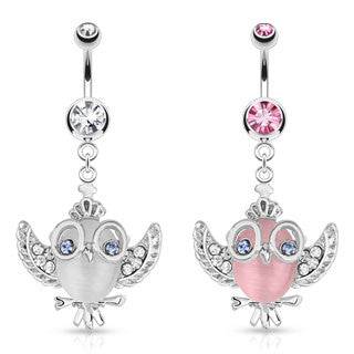 Surgical Steel CZ Gem Flying Owl Belly Button Navel Ring - Pierced Universe