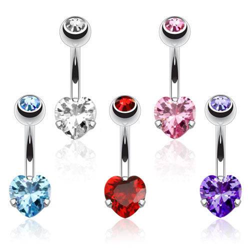 Surgical Steel CZ Gem Heart Prong Basic Belly Button Navel Ring - Pierced Universe