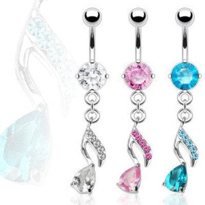 Surgical Steel CZ Gem Music Note Dangle Belly Button Navel Ring - Pierced Universe