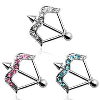 Surgical Steel CZ Stones Bow and Arrow Nipple Ring Shield Barbell - Pierced Universe