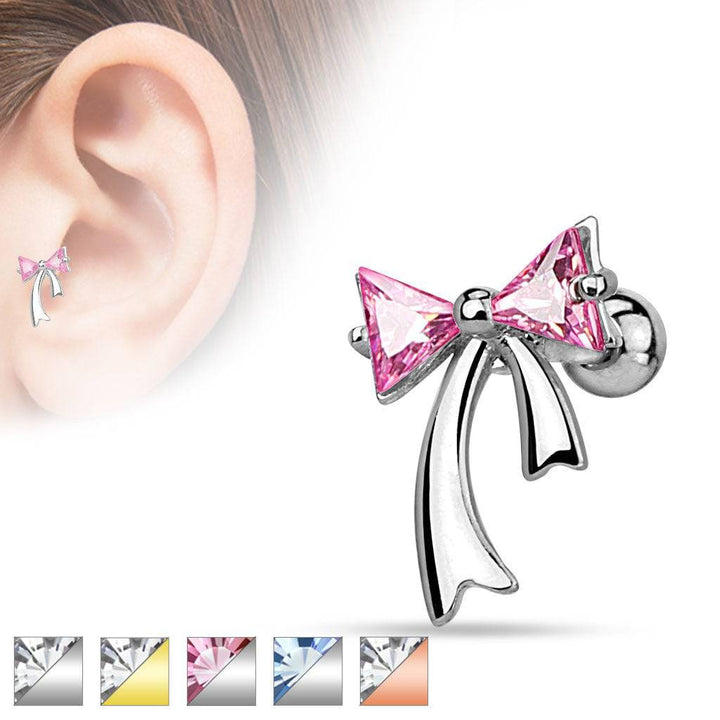 Surgical Steel CZ Stud Ribbon Bow Ear Helix Cartilage Barbell* - Pierced Universe