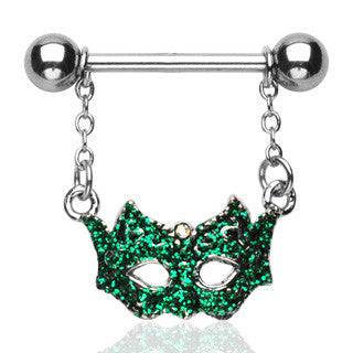 Surgical Steel Dangle Masquerade Green Drama Mask Nipple Ring Shield Barbell - Pierced Universe