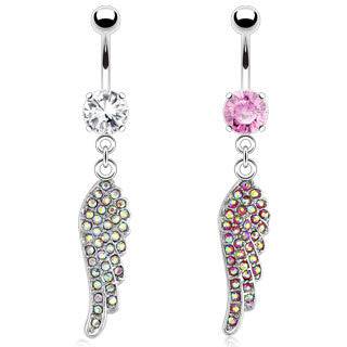 Surgical Steel Dangling CZ Gem Angel Wing Belly Button Navel Ring - Pierced Universe