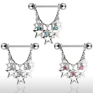 Surgical Steel Dangling CZ Gems and Stars Nipple Ring Shield Barbell - Pierced Universe
