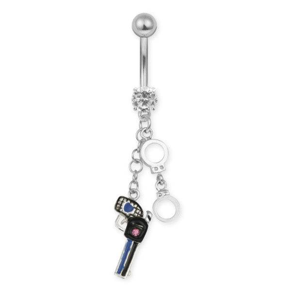 Surgical Steel Dangling Silver Gun and Hand Cuffs Belly Button Navel Ring - Pierced Universe