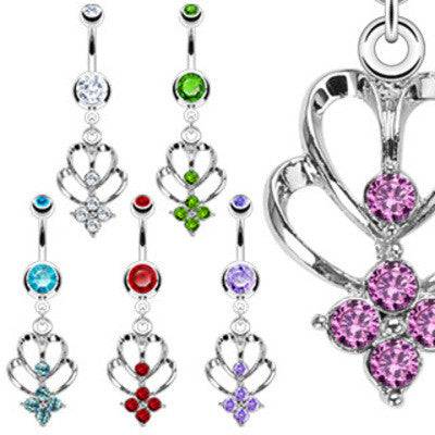 Surgical Steel Double Heart CZ Flower Gem Dangle Belly Button Navel Ring - Pierced Universe