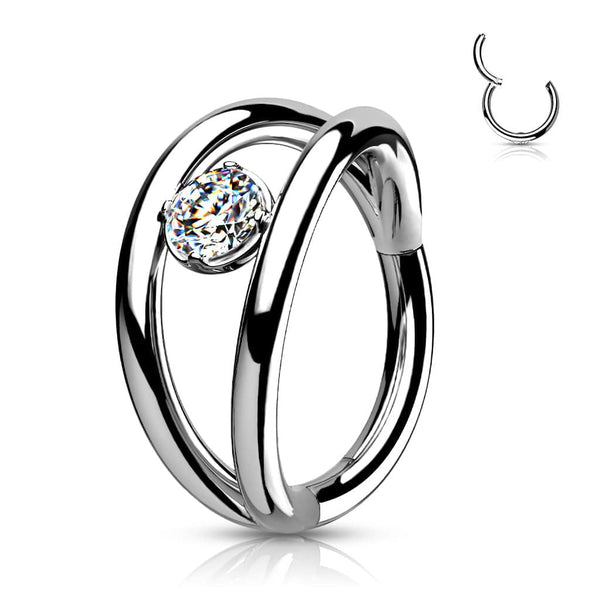 Surgical Steel Double Hoop Look White CZ Hinged Hoop Ring Clicker - Pierced Universe