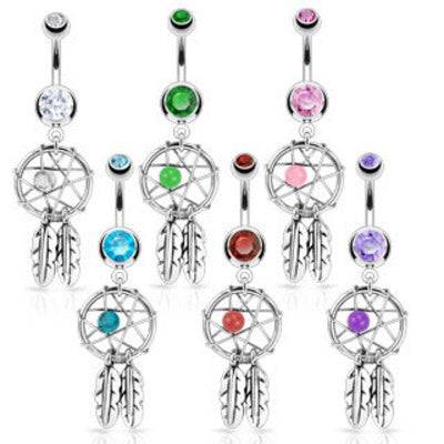 Surgical Steel Dream Catcher with Star Bead and Star Design Belly Button Navel Ring Dangle - Pierced Universe