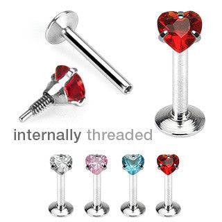 Surgical Steel Flat Back White CZ Heart Prong Gem Internally Threaded ...