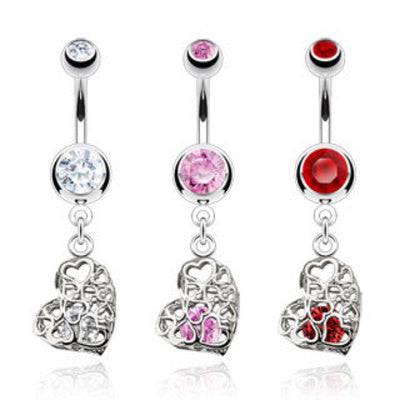 Surgical Steel Floating Gem within a Caged Heart Dangling Belly Button Navel Ring - Pierced Universe