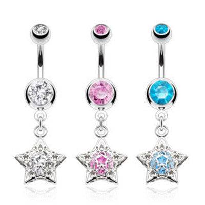 Surgical Steel Floating Gem within a Caged Star Dangling Belly Button Navel Ring - Pierced Universe