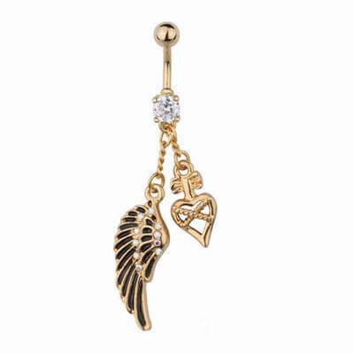 Surgical Steel Gold Angel Wing Feather and Heart Long Belly Button Navel Ring Dangle - Pierced Universe