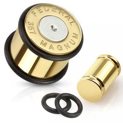 Surgical Steel Gold Magnum Bullet Ear Gauges Spacers Plugs with 2 O-Rings - Pierced Universe