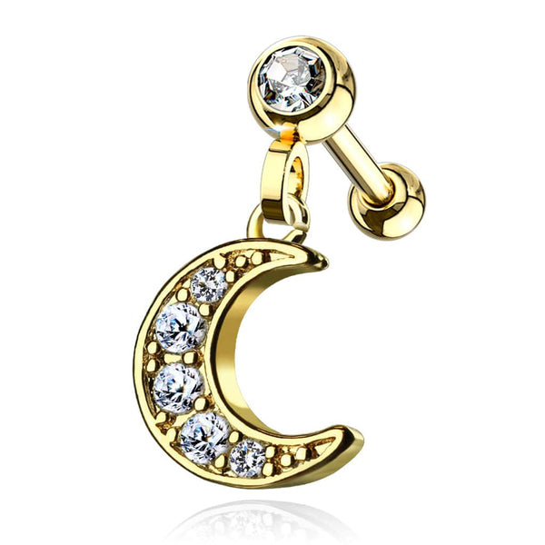 Surgical Steel Gold Plated Ball Back Crescent Moon White CZ Dangle Cartilage Ring - Pierced Universe