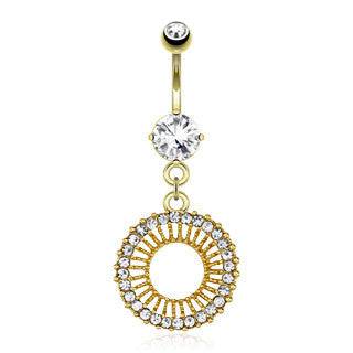 Surgical Steel Gold Plated Belly Button Navel Ring Bar with Dangling Circle Sun Paved Gems - Pierced Universe
