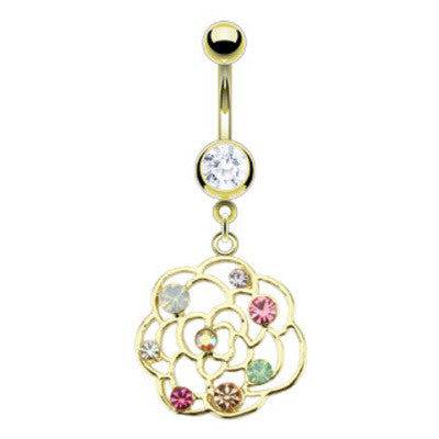 Surgical Steel Gold Plated Belly Button Navel Ring Bar with Multi Color Flower CZ Dangle - Pierced Universe