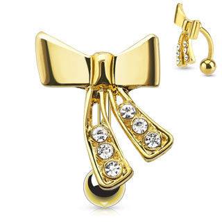 Surgical Steel Gold Plated Bow Ribbon Reverse Top Side Down Belly Ring - Pierced Universe