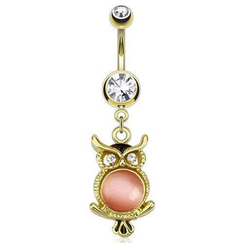 Surgical Steel Gold Plated Cat's Eye CZ Gem Owl Belly Button Navel Ring Bar Dangle - Pierced Universe