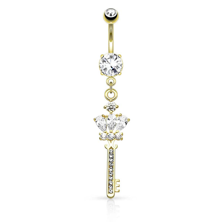 Surgical Steel Gold Plated CZ Crown and Key Dangling Belly Button Navel Ring - Pierced Universe
