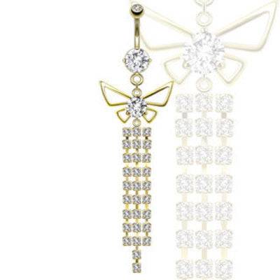 Surgical Steel Gold Plated Dangling Butterfly and Gemmed Link Chain Belly Button Navel Ring - Pierced Universe