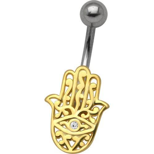 Surgical Steel Gold Plated Hamsa Hand Evil Eye Belly Button Navel Ring - Pierced Universe