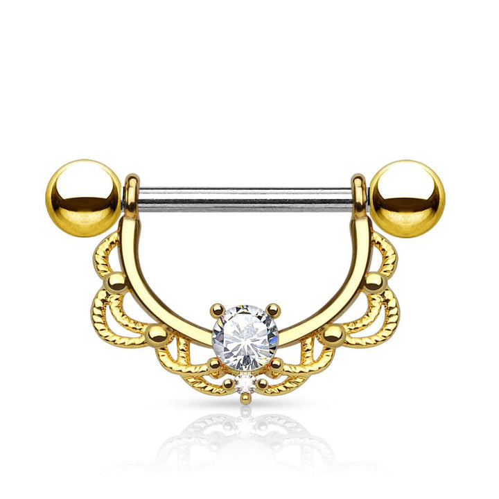 Surgical Steel Gold Plated Laced Single Gem Nipple Ring Shield Barbell - Pierced Universe