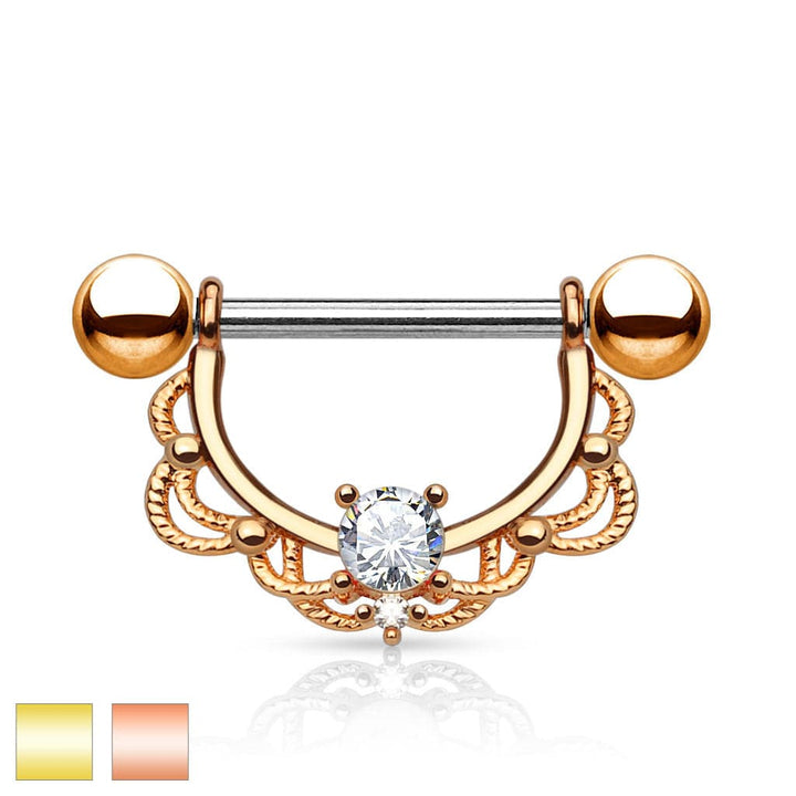 Surgical Steel Gold Plated Laced Single Gem Nipple Ring Shield Barbell - Pierced Universe