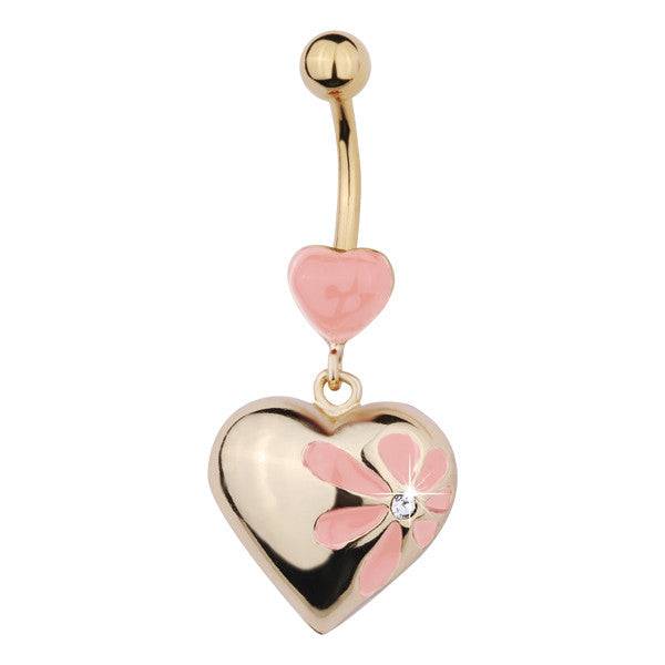 Surgical Steel Gold Plated Pink Heart and Flower Dangle Belly Button Navel Ring - Pierced Universe