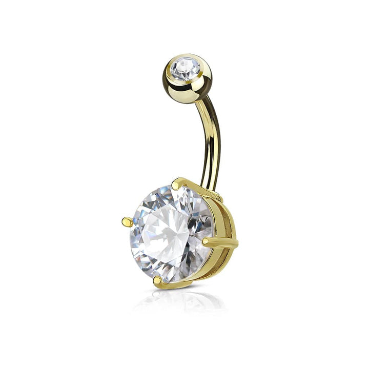 Surgical Steel Gold Plated Prong White CZ Classic Belly Button Ring - Pierced Universe