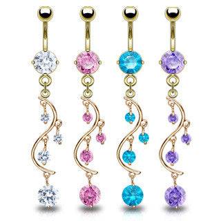 Surgical Steel Gold Plated Vine CZ Dangling Belly Ring - Pierced Universe