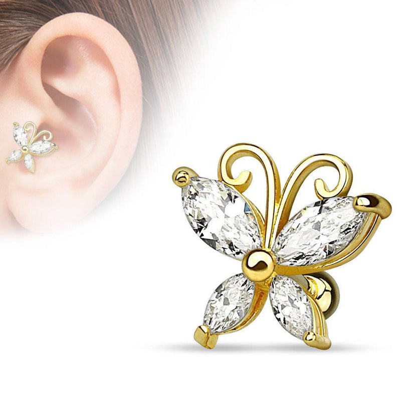 Surgical Steel Gold Plated White CZ Ball Back Ear Cartilage Helix Stud - Pierced Universe