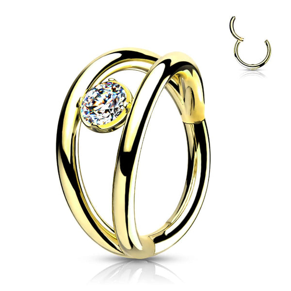 Surgical Steel Gold PVD Double Hoop Look White CZ Hinged Hoop Ring Clicker - Pierced Universe