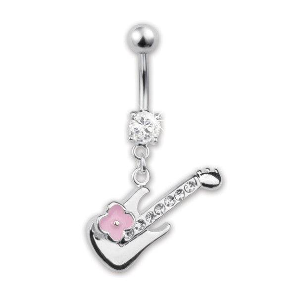 Surgical Steel Guitar and Pink Flower Dangling Belly Ring - Pierced Universe