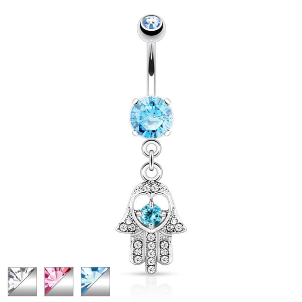Surgical Steel Hamsa Hand Paved CZ Belly Button Dangle Navel Ring - Pierced Universe