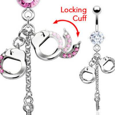 Surgical Steel Handcuff and Key CZ Dangle Belly Button Navel Ring - Pierced Universe