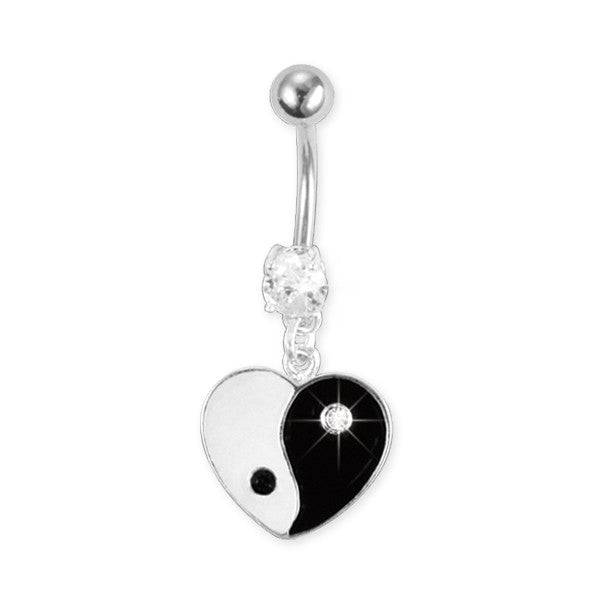 Surgical Steel Heart and Ying Yang CZ Gem Dangling Belly Ring - Pierced Universe