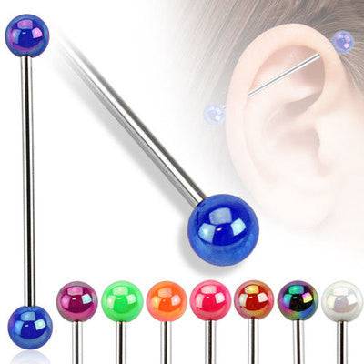 Surgical Steel Industrial Bar with Metallic Coated Acrylic Ball Ends - Pierced Universe