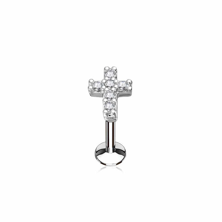 Surgical Steel Internally Threaded Religious Cross CZ Labret - Pierced Universe