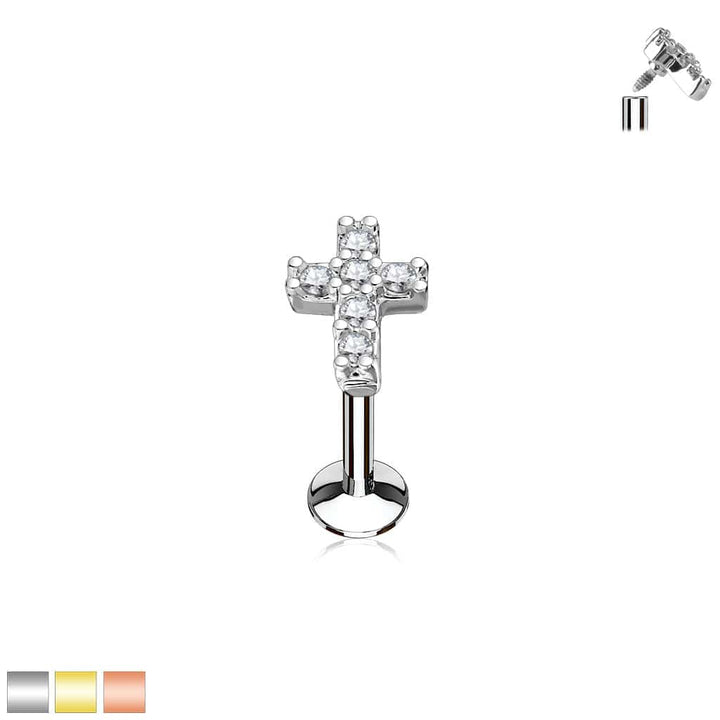 Surgical Steel Internally Threaded Religious Cross CZ Labret - Pierced Universe
