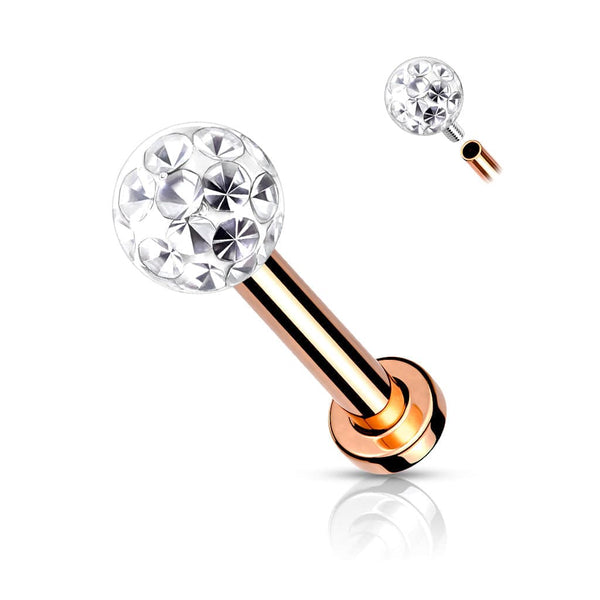Surgical Steel Internally Threaded Rose Gold PVD White CZ Epoxy Coated Shamballa Labret - Pierced Universe
