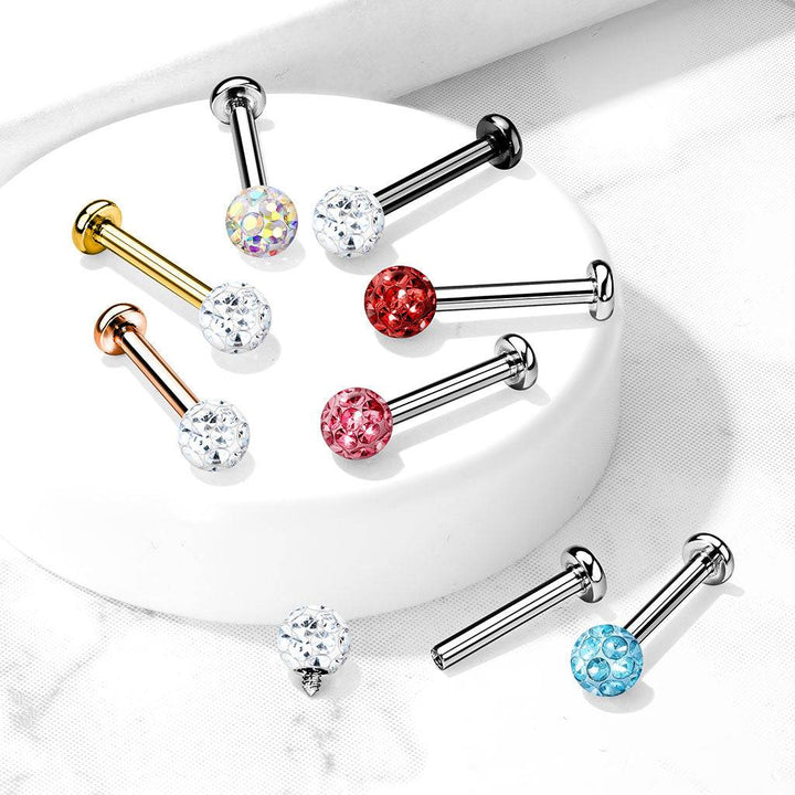 Surgical Steel Internally Threaded Rose Gold PVD White CZ Epoxy Coated Shamballa Labret - Pierced Universe