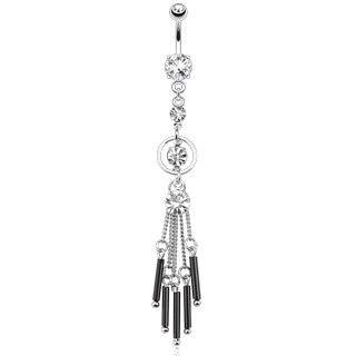 Surgical Steel Long Clear CZ Black Bars Chain Dangling Belly Button Navel Ring - Pierced Universe