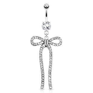 Surgical Steel Long Clear CZ Paved Gems Ribbon Bow Belly Ring - Pierced Universe