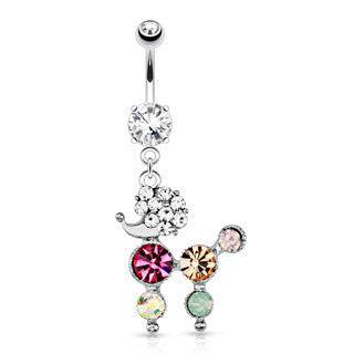 Surgical Steel Multi Color CZ Paved Poodle Dog Dangling Belly Ring - Pierced Universe