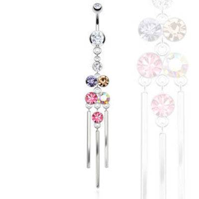 Surgical Steel Multi Color Rainbow Long Chandelier Chimes Dangling Belly Button Navel Ring - Pierced Universe