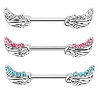 Surgical Steel Nipple Ring Bar with Angel Wing Feathers with CZ Gems - Pierced Universe