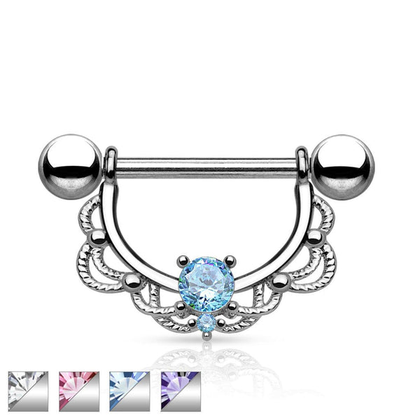 Surgical Steel Nipple Ring Barbell with Filigree Lace Shield with CZ - Pierced Universe