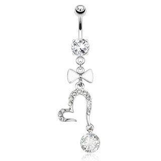 Surgical Steel Open Ended Heart with Bow Tie Clear CZ Gem Dangling Belly Ring - Pierced Universe